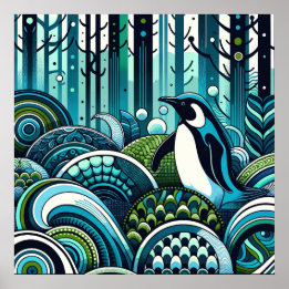 Blue Green Lovey Penguin Outdoor Forest Abstract Poster
