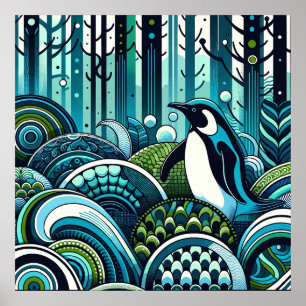 Blue Green Lovey Penguin Outdoor Forest Abstract Poster