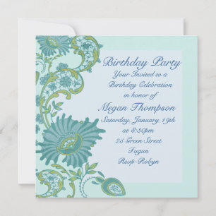Blue & Green lush floral Birthday Invitation