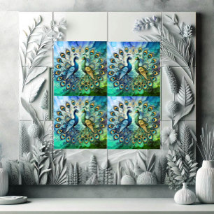 Blue Green Majestic Peacock Couple Golden Feather Tile