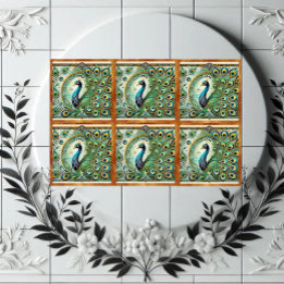 Blue Green Majestic Peacock Golden Feathers Motif  Tile