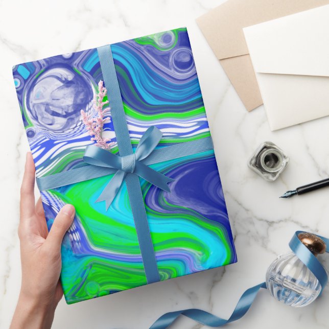 Blue Green Marble Swirls Birthday Wrapping Paper (Gifting)