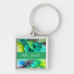 Blue Green marble watercolor art Key Ring