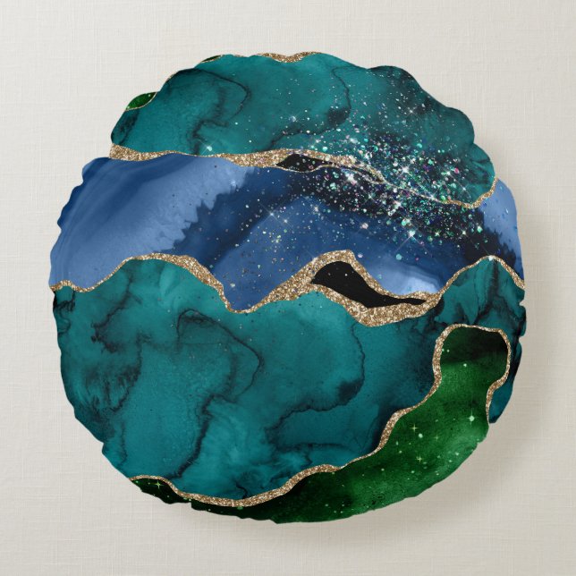 Blue, Green, marbled, faux gold glitter, trendy Round Cushion (Front)