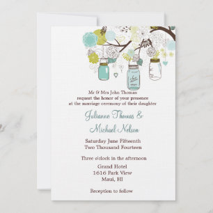 Blue Green Mason Jars Flowers Wedding Invitation