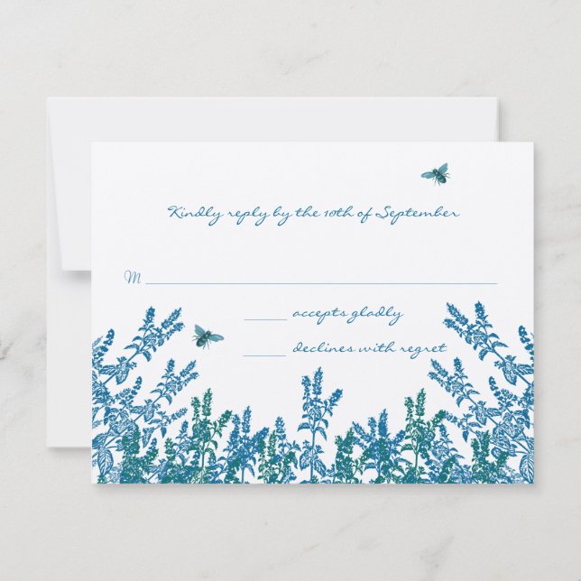 Blue Green Meadow Floral Bumble Bee Wedding RSVP (Back)