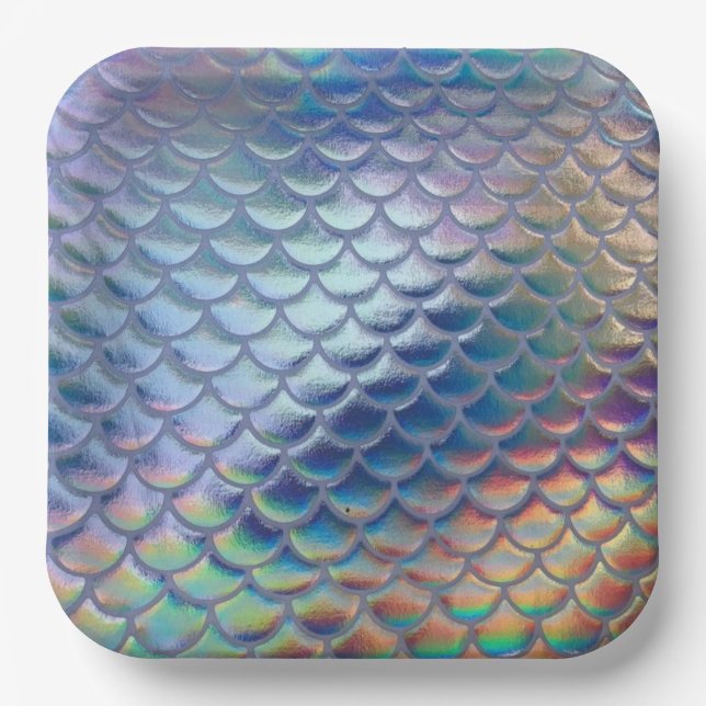 Blue Green Mermaid Fish Scales Holographic Trendy  Paper Plate (Front)