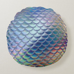 Blue Green Mermaid Fish Scales Holographic Trendy Round Cushion