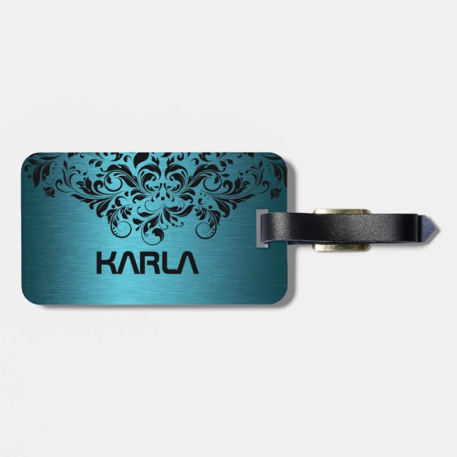 Blue-Green Metallic & Black Lace Luggage Tag (Back Horizontal)