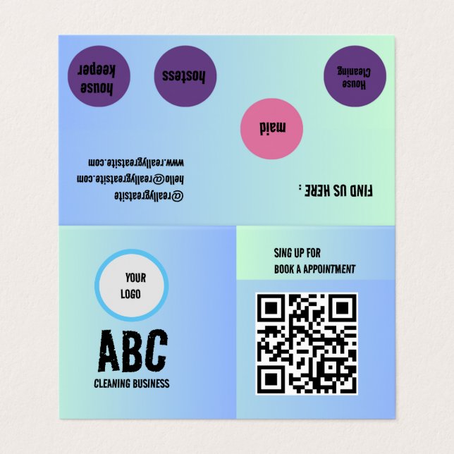 Blue Green Mixed Cleaning Services QR Code  Business Card (Outside Unfolded)