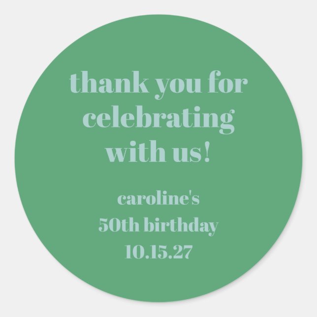 Blue Green Modern Custom 50th Birthday Thank You Classic Round Sticker (Front)