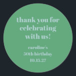 Blue Green Modern Custom 50th Birthday Thank You Classic Round Sticker<br><div class="desc">Bold Blue Green Cute Simple Modern Custom 50th Birthday Thank You Classic Round Sticker</div>