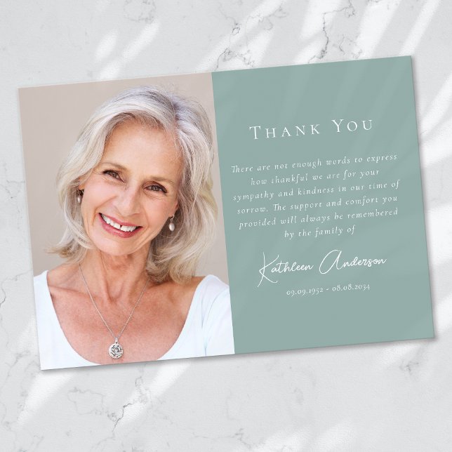Blue Green Modern Script Photo Funeral Thank You Card (Creator Uploaded)