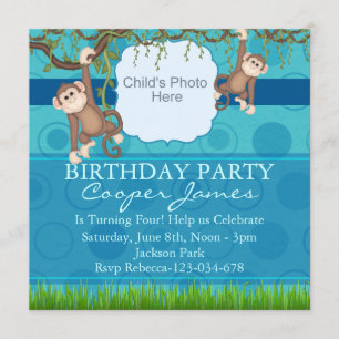 Blue & Green Monkey Fun Photo Birthday Invite