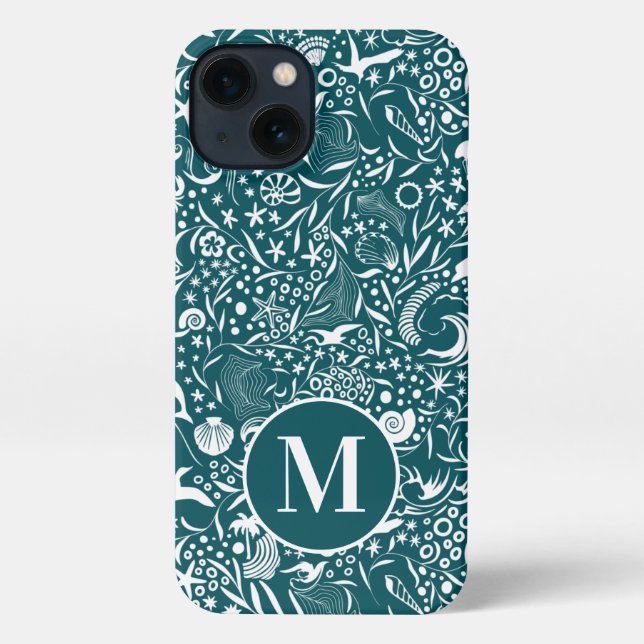Blue Green Monogram Initial Ocean Pattern iPhone Case (Back)