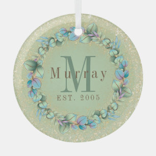 Blue Green Monogrammed Eucalyptus Wreath Glass Tree Decoration