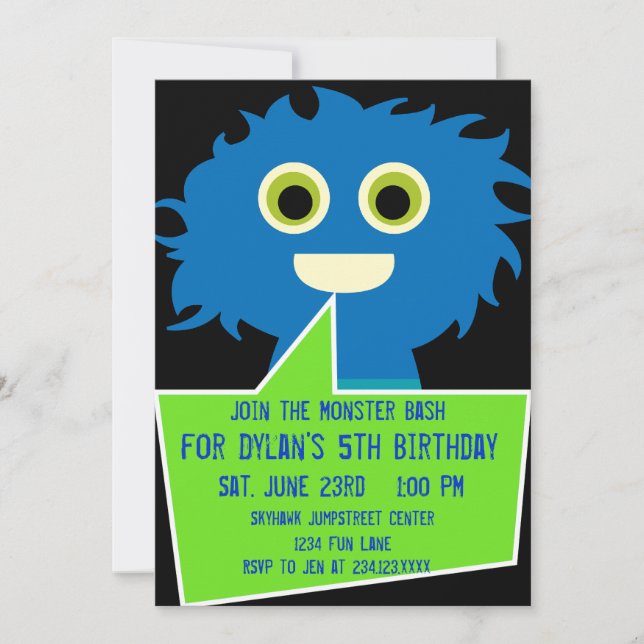 Blue Green Monster Birthday Invitations Kids Party (Front)