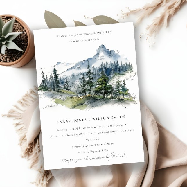 Blue Green Mountain Landscape Sketch Engagement Invitation (Creator Uploaded)
