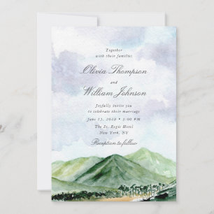Blue Green Mountain Watercolor Wedding Invitation