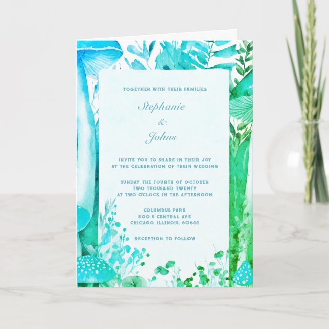 Blue Green Mushroom Woodland Abstract Boho Wedding Invitation (Front)