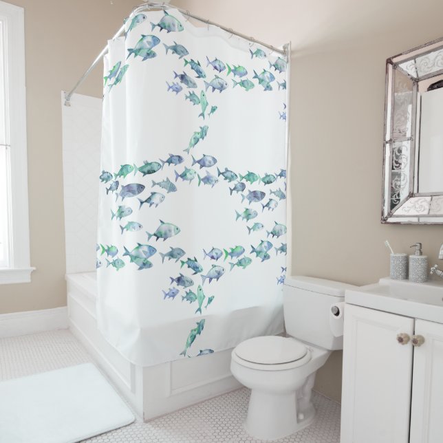 Blue Green Nautical Fish Watercolor  Shower Curtain (In Situ)