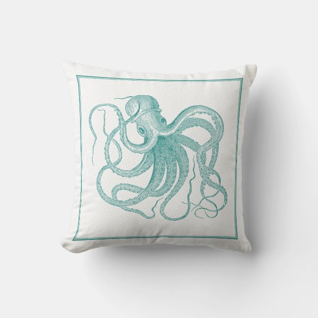Blue-green Nautical Octopus Vintage Design Cushion (Front)