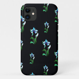 Blue green neon flowers on black iPhone 11 case