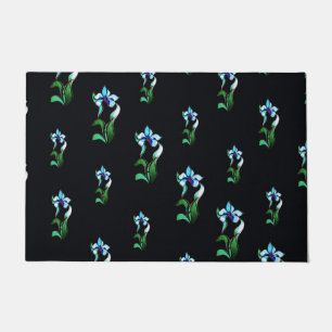 Blue green neon flowers on black doormat