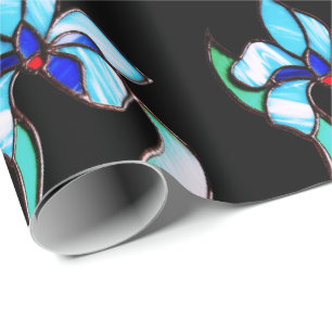 Blue green neon flowers on black wrapping paper
