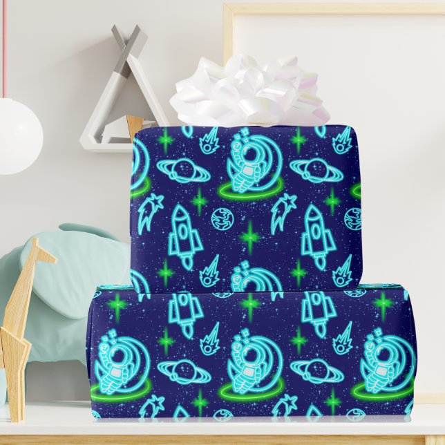 Blue Green Neon Glowing Space Astronaut Rockets Wrapping Paper (Creator Uploaded)