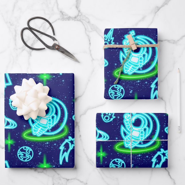 Blue Green Neon Glowing Space Astronaut Rockets Wrapping Paper Sheet (Front)