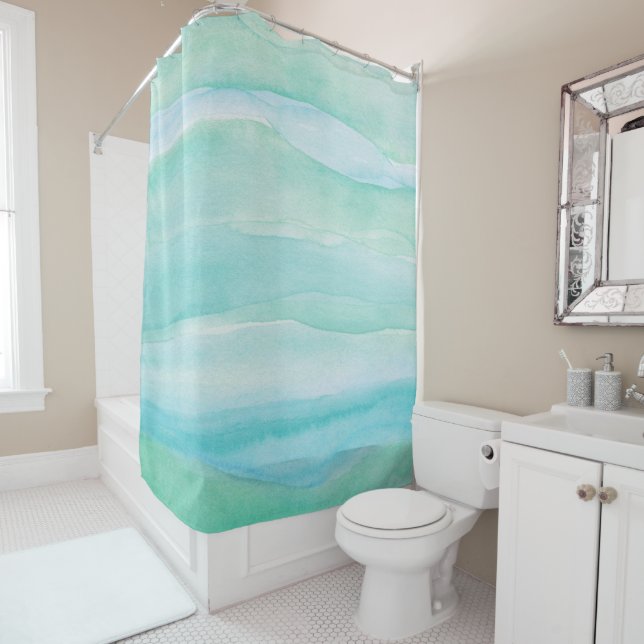 Blue Green Ocean Layers Watercolor Pattern Shower Curtain (In Situ)