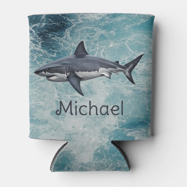 Blue Green Ocean shark fish Personalised Can Cooler (Front)