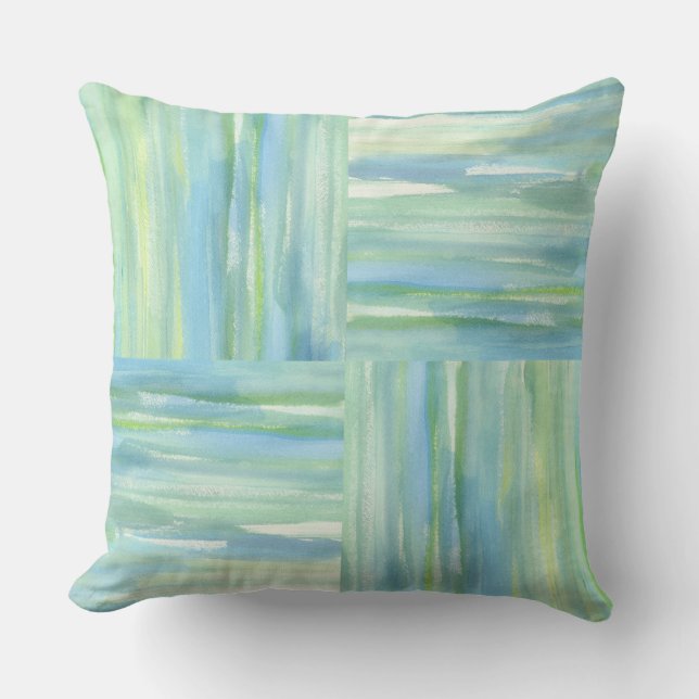 Blue green ocean squares watercolor abstract cushion (Front)