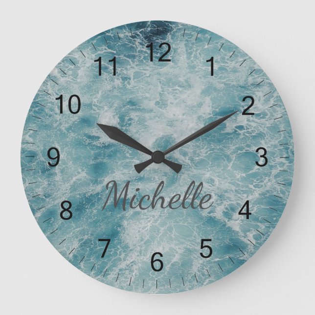 Blue Green Ocean Summer Beach Waves  Custom     Large Clock (Front)