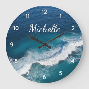 Blue Green Ocean Summer Beach Waves Custom Name Large Clock