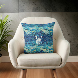 Blue Green Ocean Wave Mermaid Scales Monogram Cushion