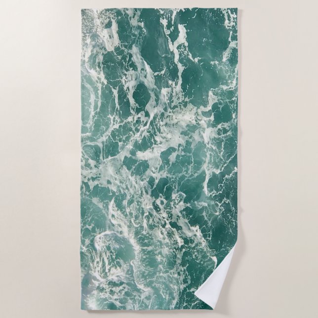 Blue Green Ocean Waves Beach Towel (Front)