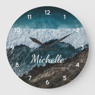 Blue Green Ocean Waves crashing against rocks  Large Clock