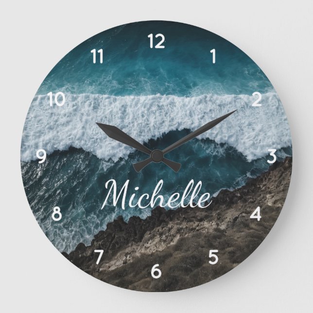 Blue Green Ocean Waves crashing against rocks  Large Clock (Front)