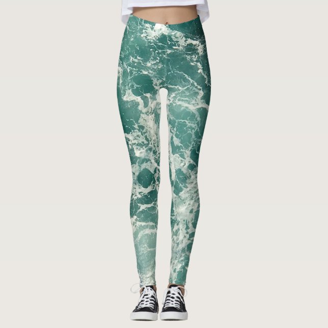 Blue Green Ocean Waves Leggings (Front)