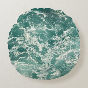 Blue Green Ocean Waves Round Cushion