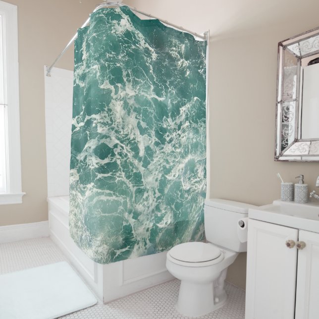 Blue Green Ocean Waves Shower Curtain (In Situ)