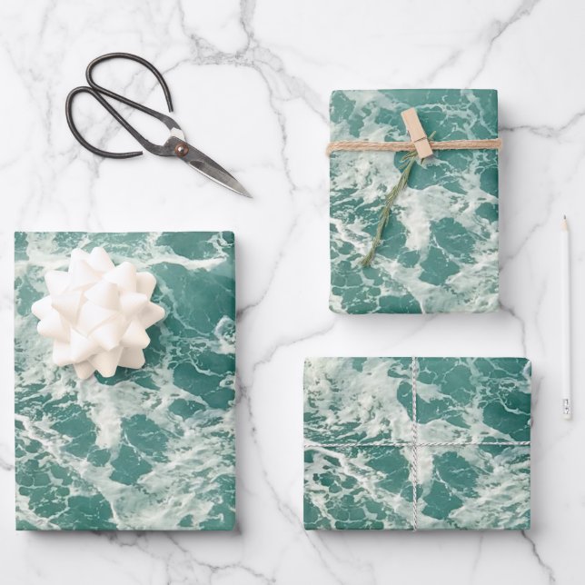 Blue Green Ocean Waves Wrapping Paper Sheet (Front)