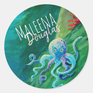 Blue, Green Octopus Undersea Ocean Sea Creature Classic Round Sticker