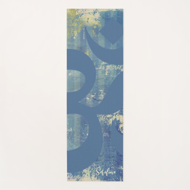 Blue Green Om Symbol Distressed Denim Personalised Yoga Mat (Front)