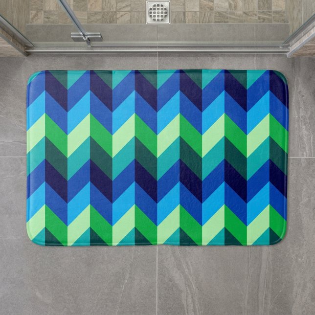 Blue Green Ombre Chevrons Medium Bath Mat (Blue Green Ombre Chevrons Medium Bath Mat on floor in front of a shower in a modern style bathroom.)