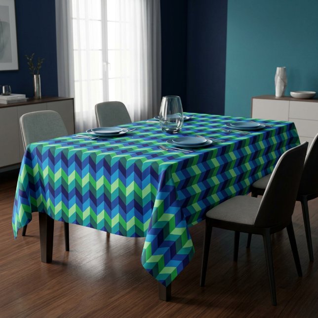 Blue Green Ombre Chevrons Medium Tablecloth (Blue Green Ombre Chevrons Medium Tablecloth covering a table in a modern style dining room.)