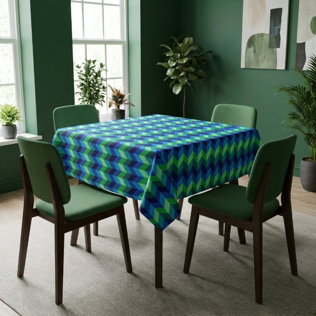 Blue Green Ombre Chevrons Small Tablecloth (Blue Green Ombre Chevrons Small Tablecloth covering a small table in a modern style dining room.)