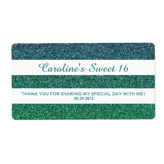 Blue Green Ombre Glitter Sweet 16 Water Bottle Shipping Label